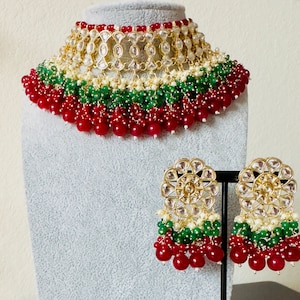 Red Green Kundan Choker Necklace Set/ Indian Jewelry/Bollywood Jewelry/Punjabi Jewelry/Pakistani Jewelry/South Indian Jewelry