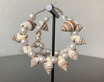Pearl Shell Hoop Earrings, Jhumki Style Chandbali