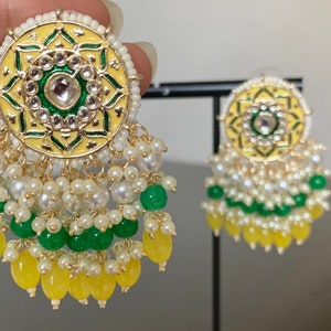 Yellow Kundan Chandbali /Bollywood Earrings/Indian Earrings/Pakistani Earrings/Indian Jhumki/ Kundan Jhumka/Meenakari earrings