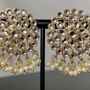 Gold Kundan Chandbali/Pearl Earrings/Indian Jewelry/Pakistani Earrings/Punjabi Earrings/Bollywood Jewelry/Gold jhumka/ Polki jhumka