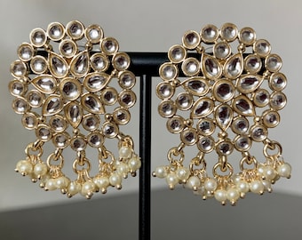 Gold Kundan Chandbali Earrings with Pearls, Indian Jhumka Jewelry