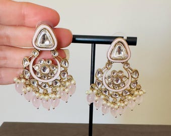 Light Pink Chandbali Earrings, Indian Pakistani Jewelry