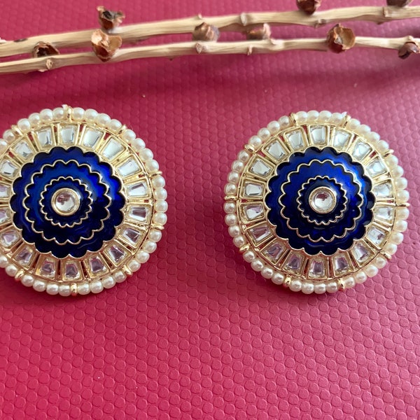 Blue Kundan Pearl Stud Earrings /Pearl Earrings/Indian Jewelry/Pakistani Earrings/Punjabi Earrings/Bollywood Jewelry/Gold jhumka