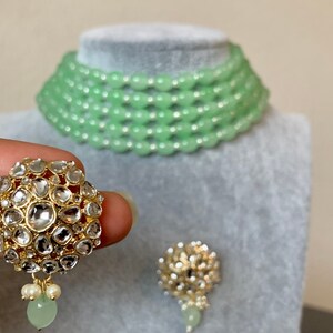Mint Beads Kundan Choker/kundan jewelry set/Indian Jewelry/Choker set/Pakistani Jewelry/Bollywood Earrings set/ Pearl Necklace