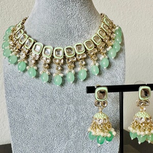 Mint Kundan Choker/kundan jewelry set/Indian Jewelry/Choker set/Pakistani Jewelry/Bollywood Earrings set/ Pearl Necklace