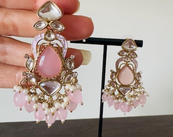 Light Pink Dangle Chandbali Earrings: Pearl, Gold, Polki, Traditional Indian Jewelry