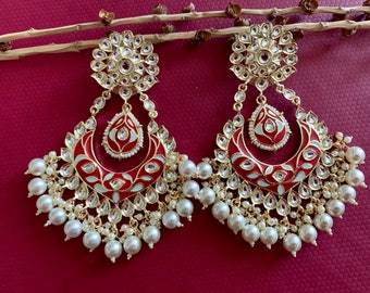 Red Kundan Polki Chandbali /Indian earrings/Pakistani earrings/Bollywood earrings/Pink pearl Earrings/Punjabi jhumki