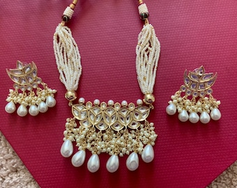 Gold Kundan Choker Set, Pearl Necklace, Indian Jewelry