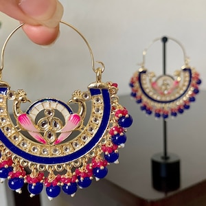 Blue Peacock Meenakari Hoop Kundan Chandbali/Bollywood Earrings/Pakistani Earrings/Indian Jhumki/ Kundan Jhumka/Punjabi jewelry