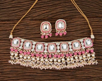 Pink Kundan Choker/kundan jewelry set/Indian Jewelry/Choker set/Pakistani Jewelry/Bollywood Earrings set/ Pearl Necklace