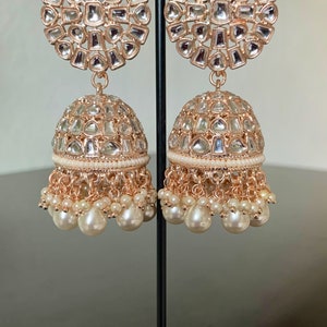 Rose Gold Kundan Jhumka/Indian earrings/Pakistani earrings/Bollywood earrings/Pink pearl Earrings/Punjabi jhumki image 2
