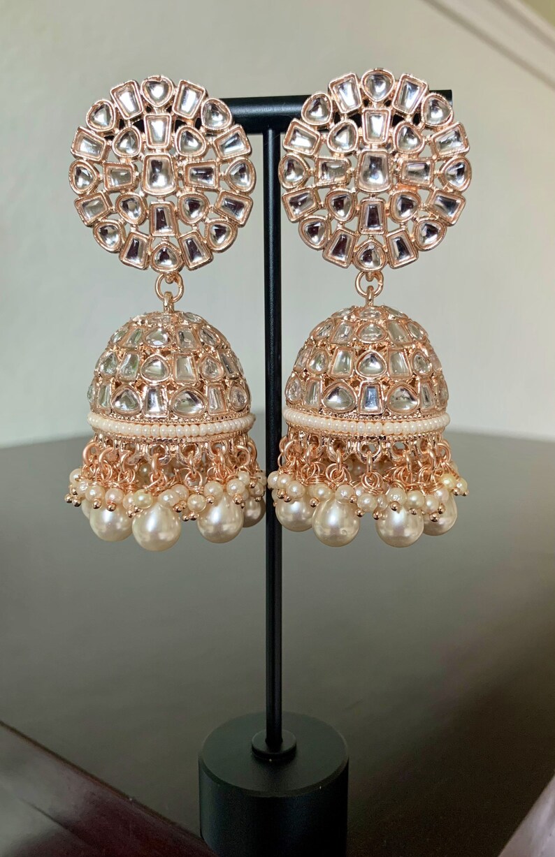 Rose Gold Kundan Jhumka/Indian earrings/Pakistani earrings/Bollywood earrings/Pink pearl Earrings/Punjabi jhumki image 2