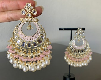 Light Pink Kundan Chandbali Earrings, Bollywood Jhumka Style