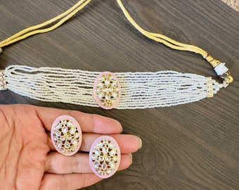 Light Pink Kundan Choker Necklace Set, Indian Jewelry