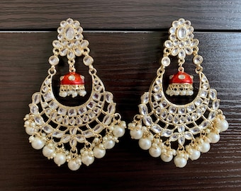 Red Kundan Polki Jhumka Earrings: Indian Bollywood Jewelry