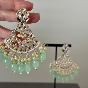 Mint Kundan Chandbali/Pearl Earrings/Indian Jewelry/Pakistani Earrings/Punjabi Earrings/Bollywood Jewelry/Gold jhumka/ Polki jhumka