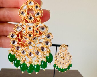 Green Kundan Chandbali /Gold Jhumka/Chandbali Earrings/Pakistani Jewelry/Indian Earrings/Jhumka Earrings/Pearl Jhumka