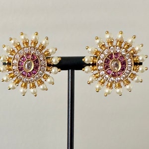 CZ Gold Pearl Ruby Stud Earrings/CZ Earrings/Chandbali Earrings/Pakistani Jewelry/Indian Earrings/Bollywood Jewelry/CZ Jhumka