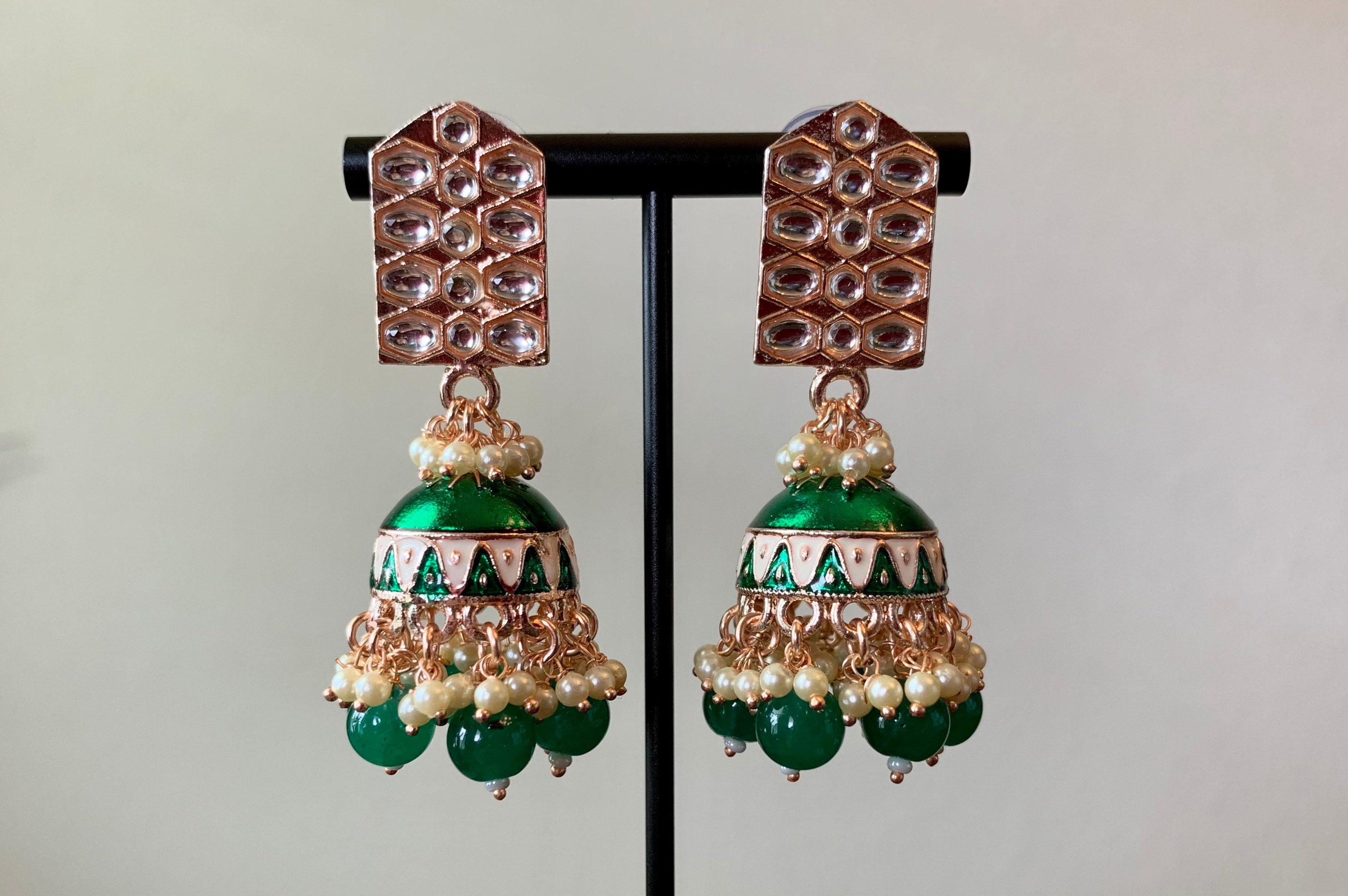 Green Kundan Polki Jhumka Earrings pearl Earrings indian Jewellery