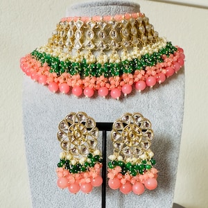 Peach Green Kundan Choker Necklace Set/ Indian Jewelry/Bollywood Jewelry/Punjabi Jewelry/Pakistani Jewelry/South Indian Jewelry
