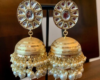 Gold Kundan Jhumka Earrings, Pearl Drop, Bollywood Jewelry