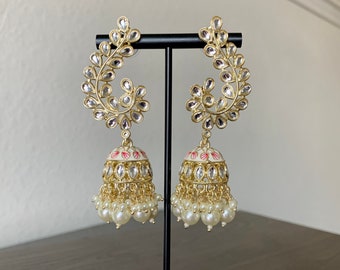 White Meenakari Kundan Jhumka Earrings, Bollywood Style
