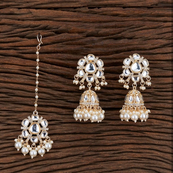 Gold Kundan Maang Tikka Set /Indian Jewelry/Pakistani Jewelry/Indian Earrings/kundanMaang tikka/ Tikka Set