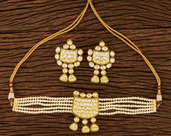 Gold Kundan Polki Choker Necklace Set, Indian Jewelry