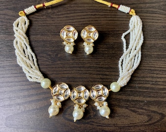 Gold Kundan Polki Choker Set, Pearl Necklace, Indian Jewelry
