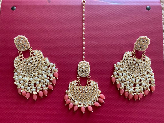 Pink Polki Maang Tikka Set /Indian Jewelry/Pakistani Jewelry/Indian Earrings/kundanMaang tikka/ Tikka Set