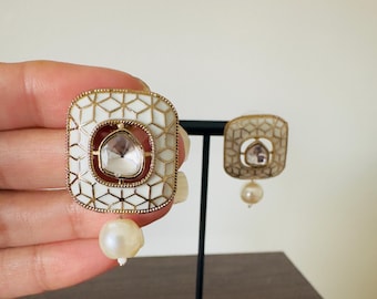 Gold Kundan Pearl Earrings, Handcrafted Indian Jewelry