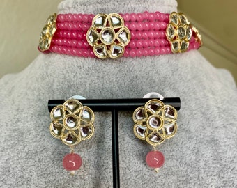 Pink Kundan Choker Necklace Earring Set, Indian Jewelry