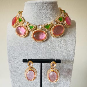 Pink Green Polki Kundan Choker/kundan jewelry set/Indian Jewelry/Choker set/Pakistani Jewelry/Bollywood Earrings set/ Pearl Necklace