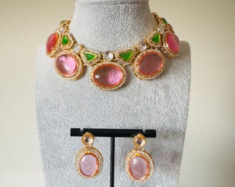 Pink Green Kundan Choker Set, Indian Jewelry, Bollywood Earrings