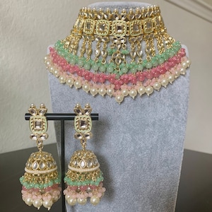 Mint Pink Kundan Choker/kundan jewelry set/Indian Jewelry/Choker set/Pakistani Jewelry/Bollywood Earrings set/ Pearl Necklace
