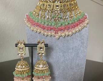 Mint Pink Kundan Choker/kundan jewelry set/Indian Jewelry/Choker set/Pakistani Jewelry/Bollywood Earrings set/ Pearl Necklace