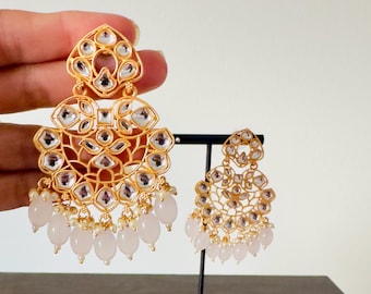 Gold Kundan Chandbali Earrings, Pearl Jhumka, Indian Pakistani Jewelry