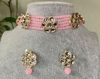 Light Pink Kundan Choker Necklace Earring Set, Indian Pakistani Jewelry