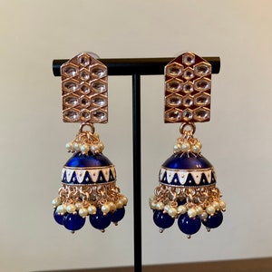 Blue Kundan Polki Jhumka Earrings/Pearl Earrings/Indian jewellery/Indian Earrings/ Pakistani jewelry/Bollywood jewelry/Jhumka