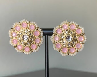 Light Pink Kundan Stud Earrings, Indian Jewelry