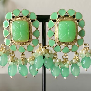 Mint Dangle Chandbali/Pearl Earrings/Indian Jewelry/Pakistani Earrings/Punjabi Earrings/Bollywood Jewelry/Gold jhumka/ Polki jhumka