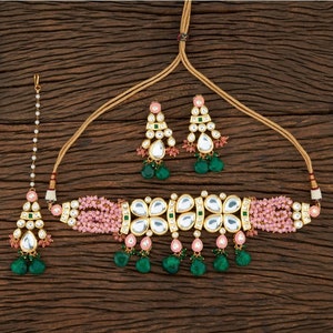 Pink Green Kundan Choker Necklace Set/ Indian Jewelry/Bollywood Jewelry/Punjabi Jewelry/Pakistani Jewelry/Sabyasachi Jewelry/ Bridal Choker