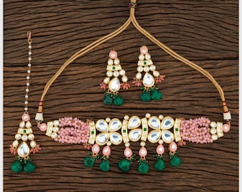 Pink Green Kundan Choker Necklace Set/ Indian Jewelry/Bollywood Jewelry/Punjabi Jewelry/Pakistani Jewelry/Sabyasachi Jewelry/ Bridal Choker
