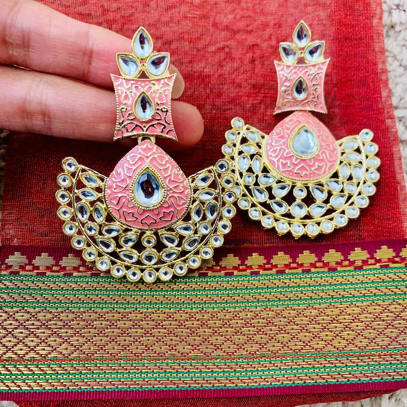Peach Pink Kundan ChandbaliMeenakari EarringsIndian EarringsPakistani JewelryPunjabi Jhumki