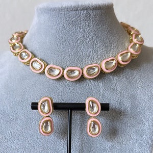 Light Pink Polki Choker/kundan jewelry set/Indian Jewelry/Choker set/Pakistani Jewelry/Bollywood Earrings set/ Pearl Necklace