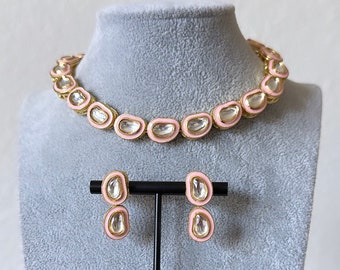 Light Pink Polki Choker Set - Indian Jewelry, Bollywood Earrings