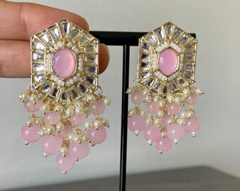 Light Pink Pearl Kundan Chandbali Earrings