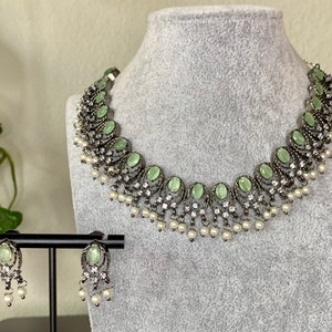 Mint CZ Polki Choker Necklace Set/ Indian Jewelry/Bollywood Jewelry/Punjabi Jewelry/Pakistani Jewelry/Sabyasachi Jewelry