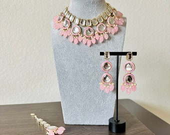 Light Pink Kundan Choker Necklace Set, Indian Bridal Jewelry