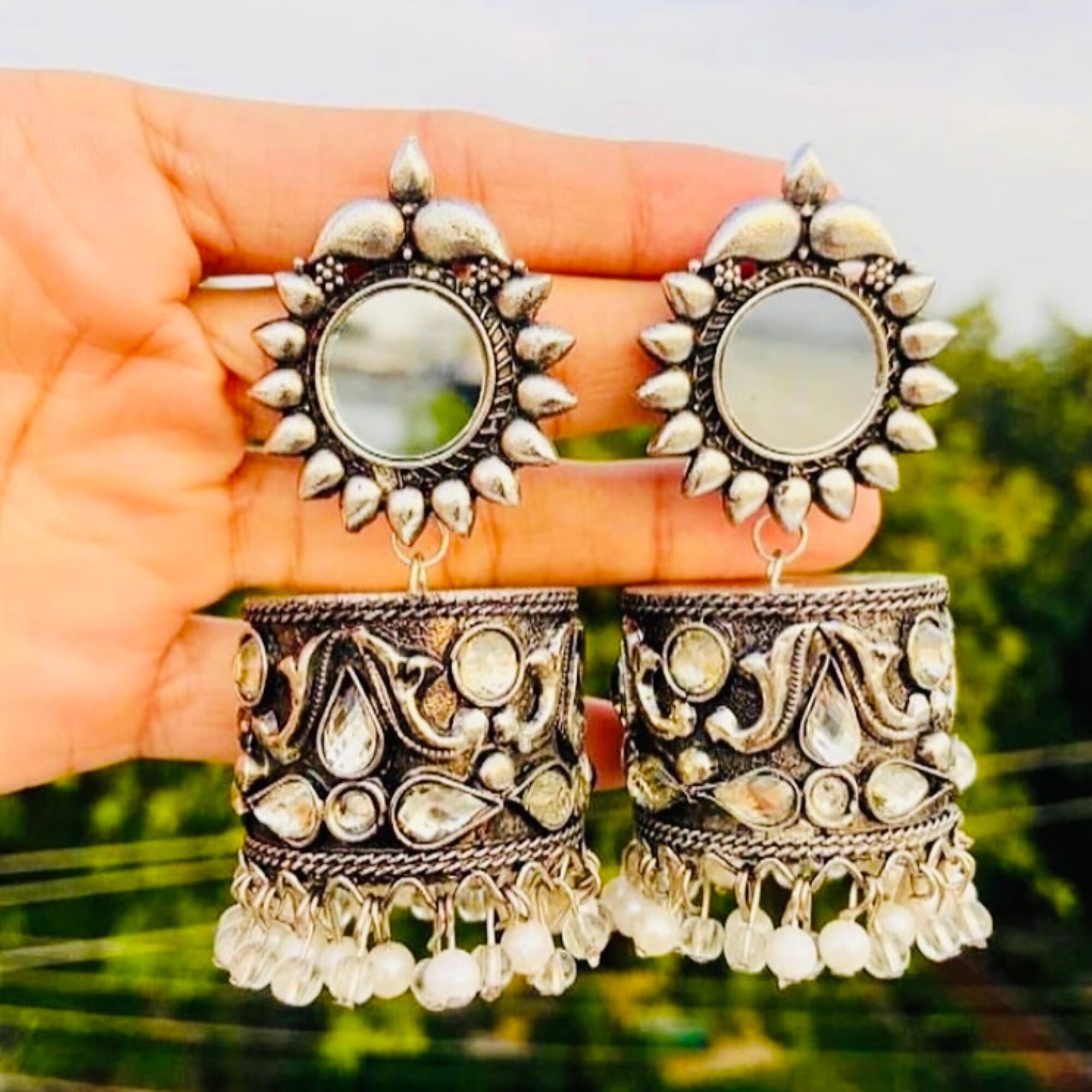 Oxidized Jhumka big Mirror Jhumka silver Earrings kundan Jhumka